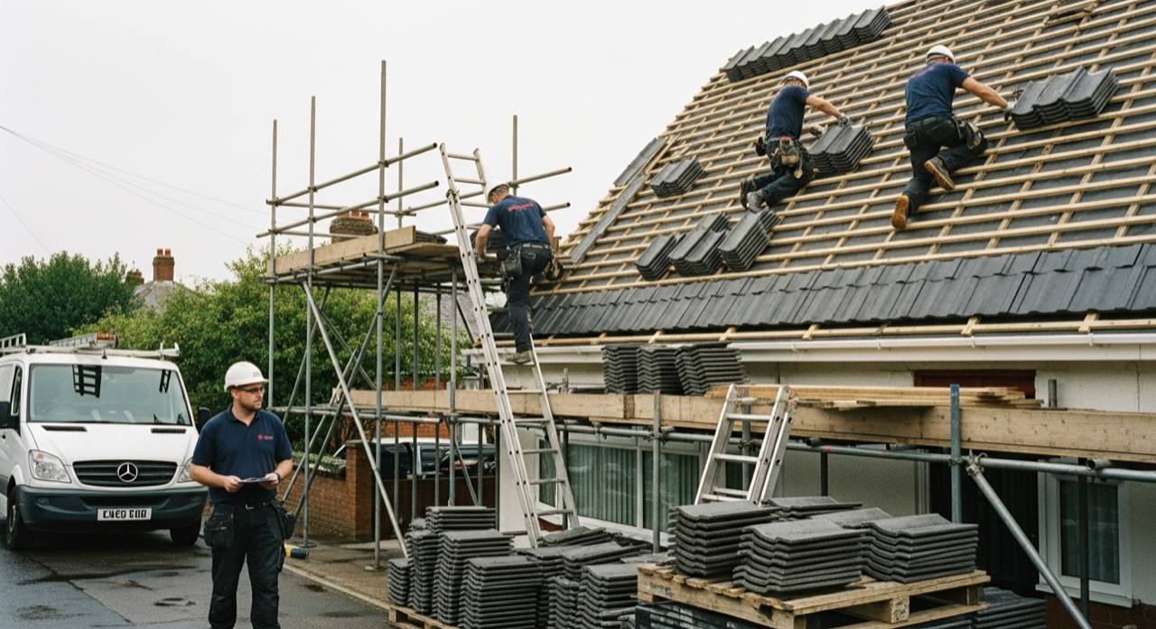 Tradeall crew mid-job re-roofing a Hampshire semi