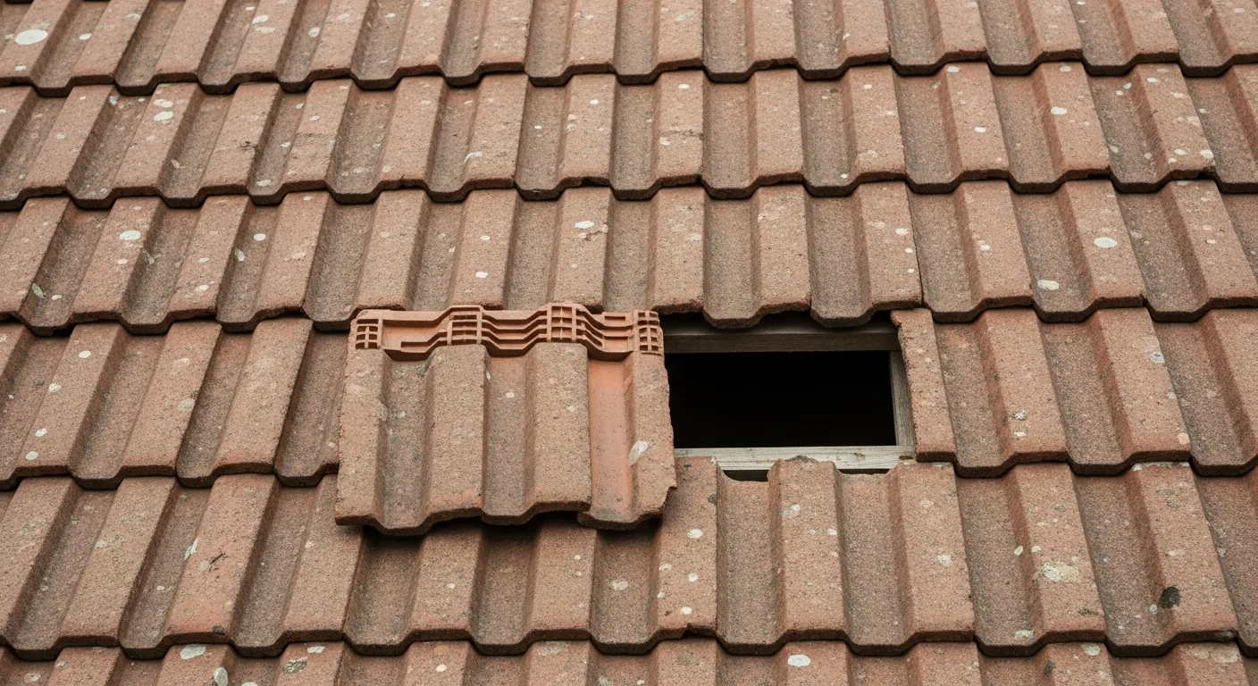 Slipped grey slate tiles on a UK terraced house roof