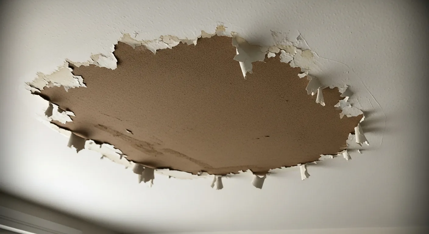 Water damage staining on a UK home interior ceiling from a roof leak