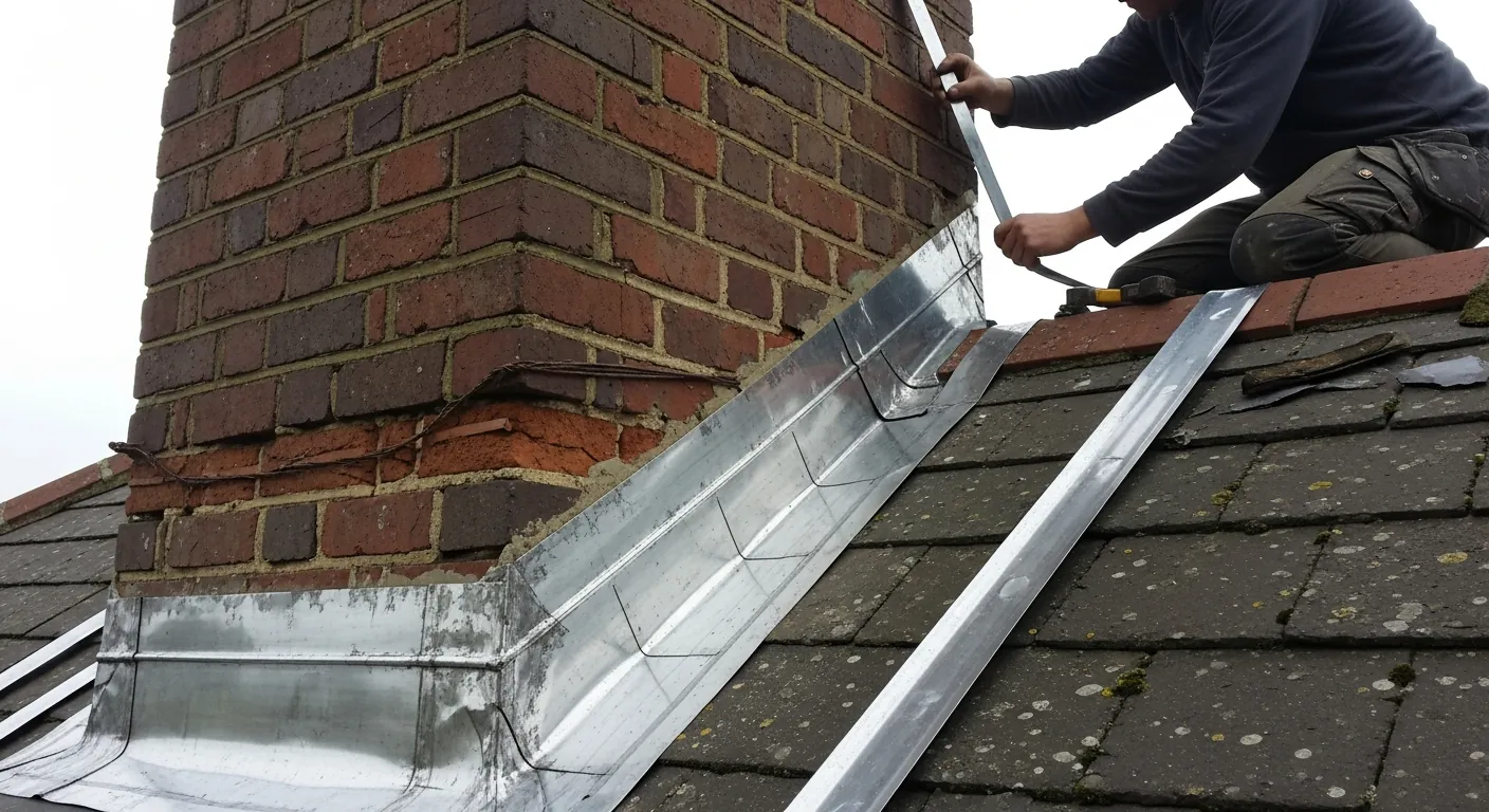 UK brick chimney stack with damaged lead flashing