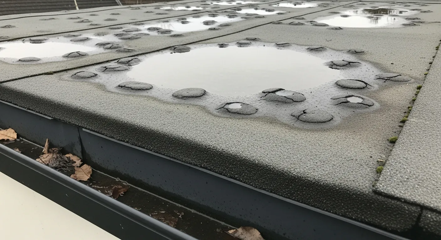 UK flat felt roof with bubbles and ponding water
