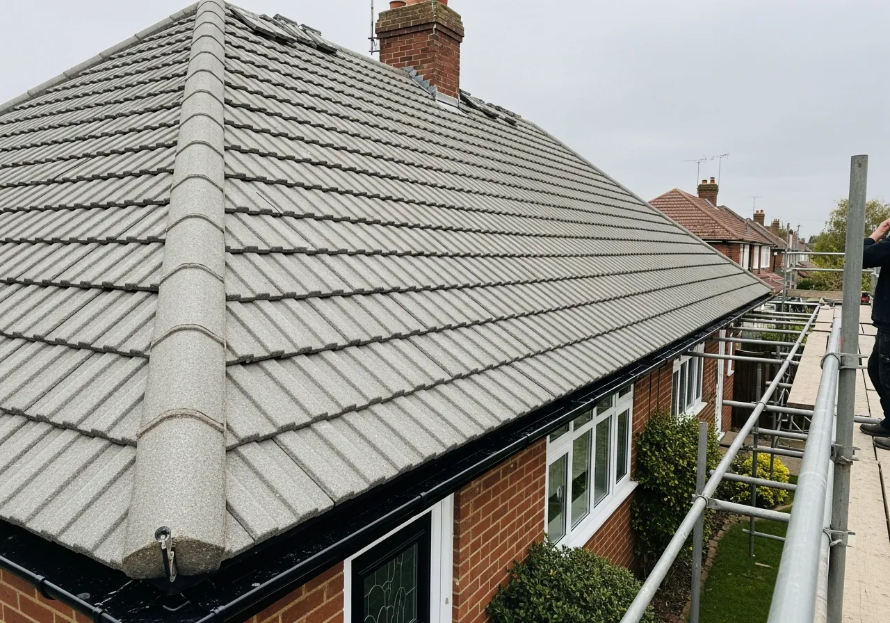 Freshly completed new pitched tile roof on a Hampshire UK home